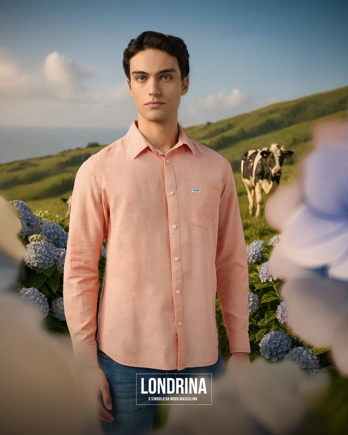 Modelo com camisa, paisagem açoriana e hortênsias
