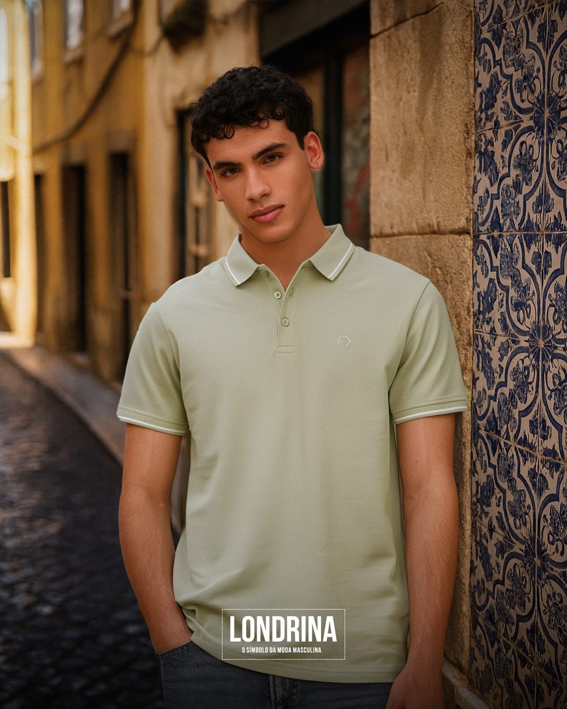 Modelo com polo numa rua de Ponta Delgada