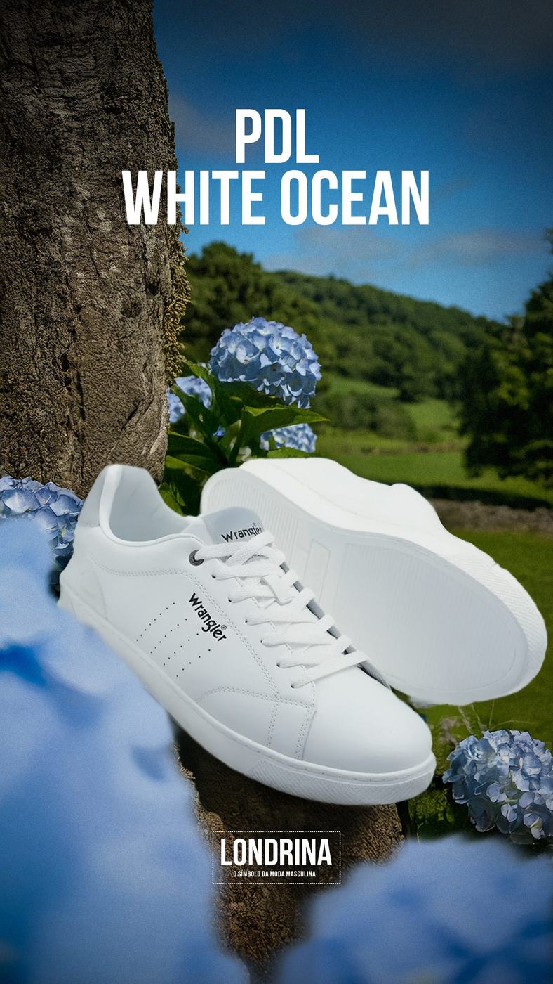 Ténis branco sobre hortênsias, campanha PDL White Ocean