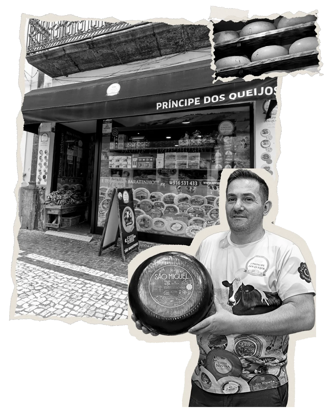Loja O Príncipe dos Queijos em Ponta Delgada e o proprietário com um queijo de São Miguel