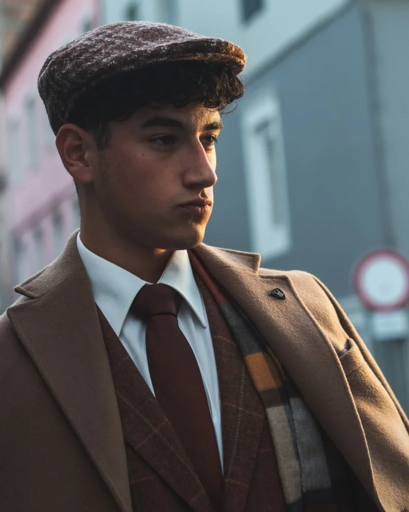 Portrait of a model in a tweed flat cap and camel overcoat from Londrina