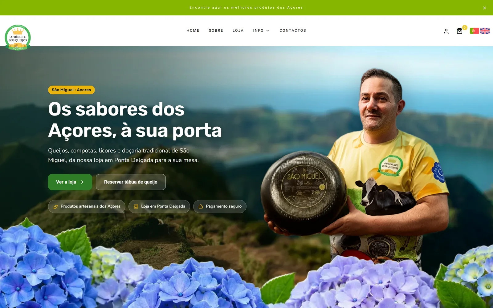 Loja online O Principe dos Queijos, pagina inicial em computador
