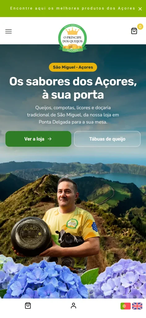 Loja online O Principe dos Queijos, pagina inicial em telemovel