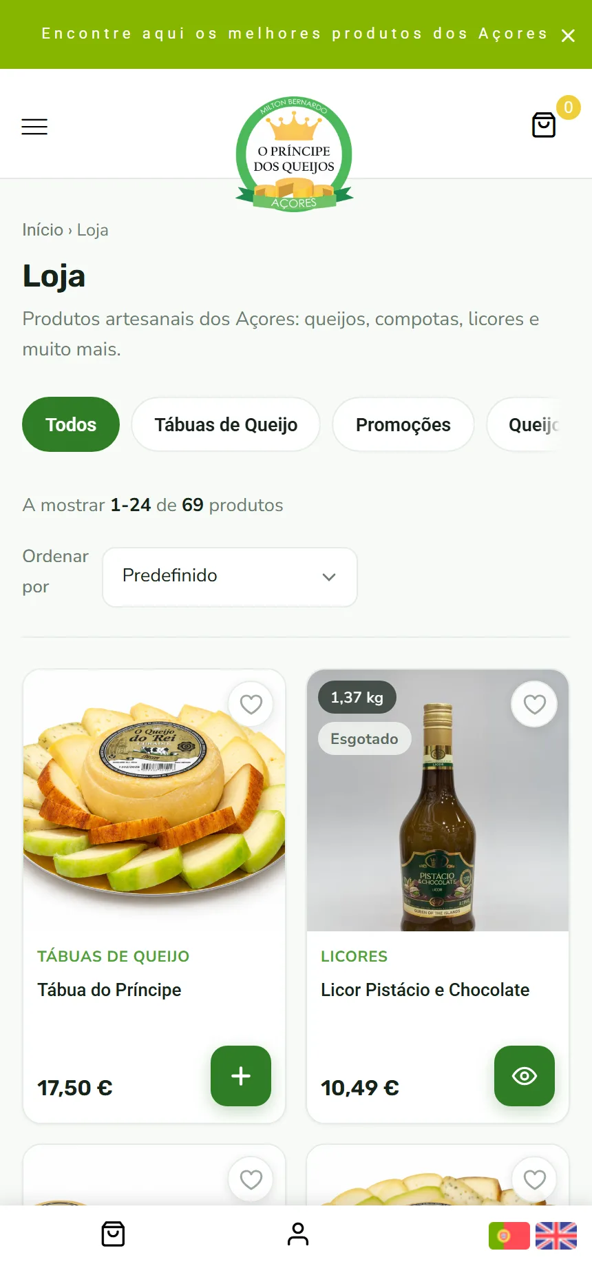 Loja online O Principe dos Queijos, listagem de produtos em telemovel
